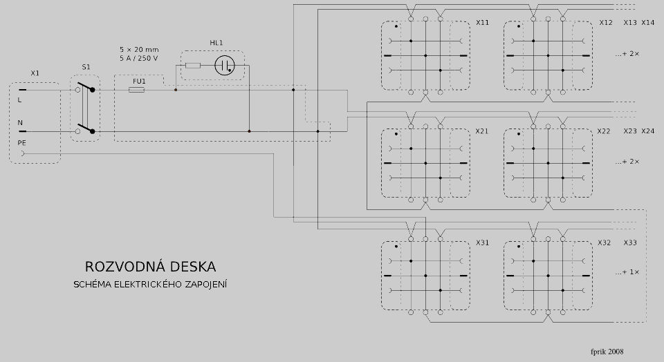 Schma zapojen rozvodu 230 V na laboratornm stole. 